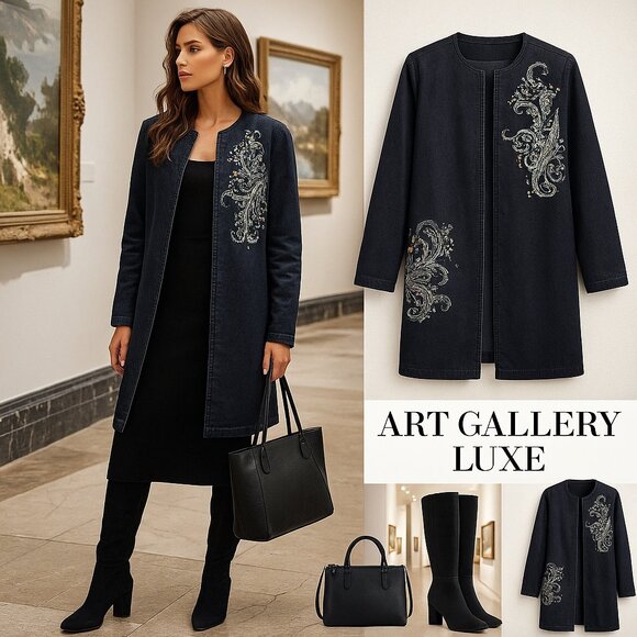 Jessica London Embroidered Denim Coat – (Vintage-Inspired Statement Jacket) - Picture 1 of 14
